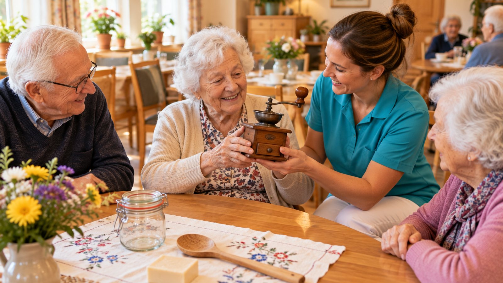 Eine Betreuungskraft zeigt einer älteren Dame am Tisch eine alte Kaffeemühle, beide lächeln, daneben liegen Kochlöffel und Leinentücher