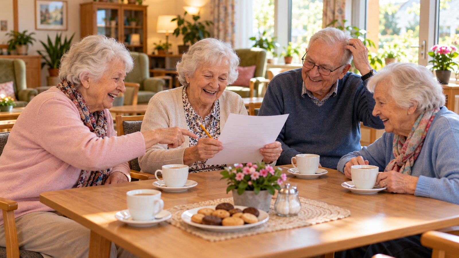 Ältere Damen und Herren sitzen an einem Tisch mit Kaffee und Rätselblättern und lachen gemeinsam über eine Lösung